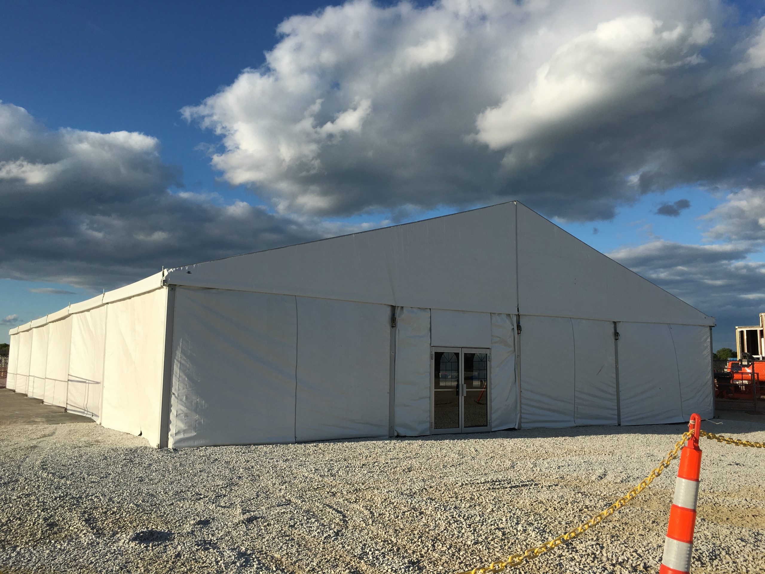 End of 60' x 98' Losberger tent with glass doors for Microsoft in West Des Moines, Iowa
