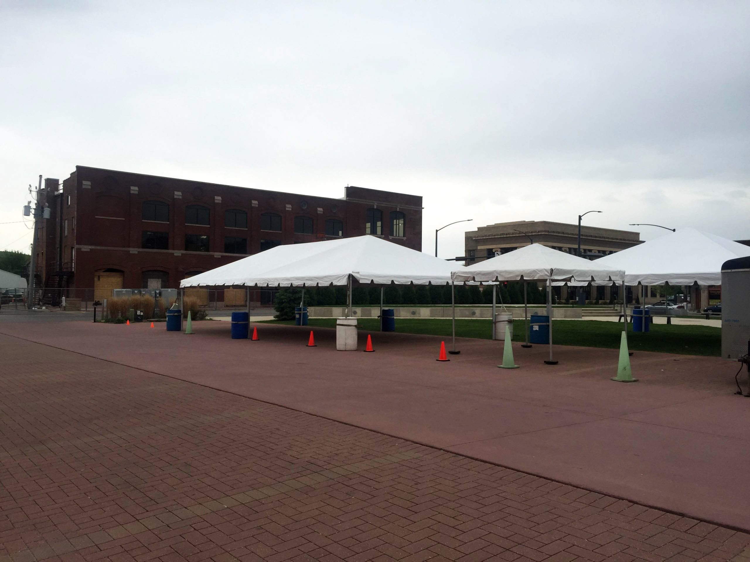 Multiple frame tents setup for JDRF One Walk at NewBo City Market in Cedar Rapids, IA