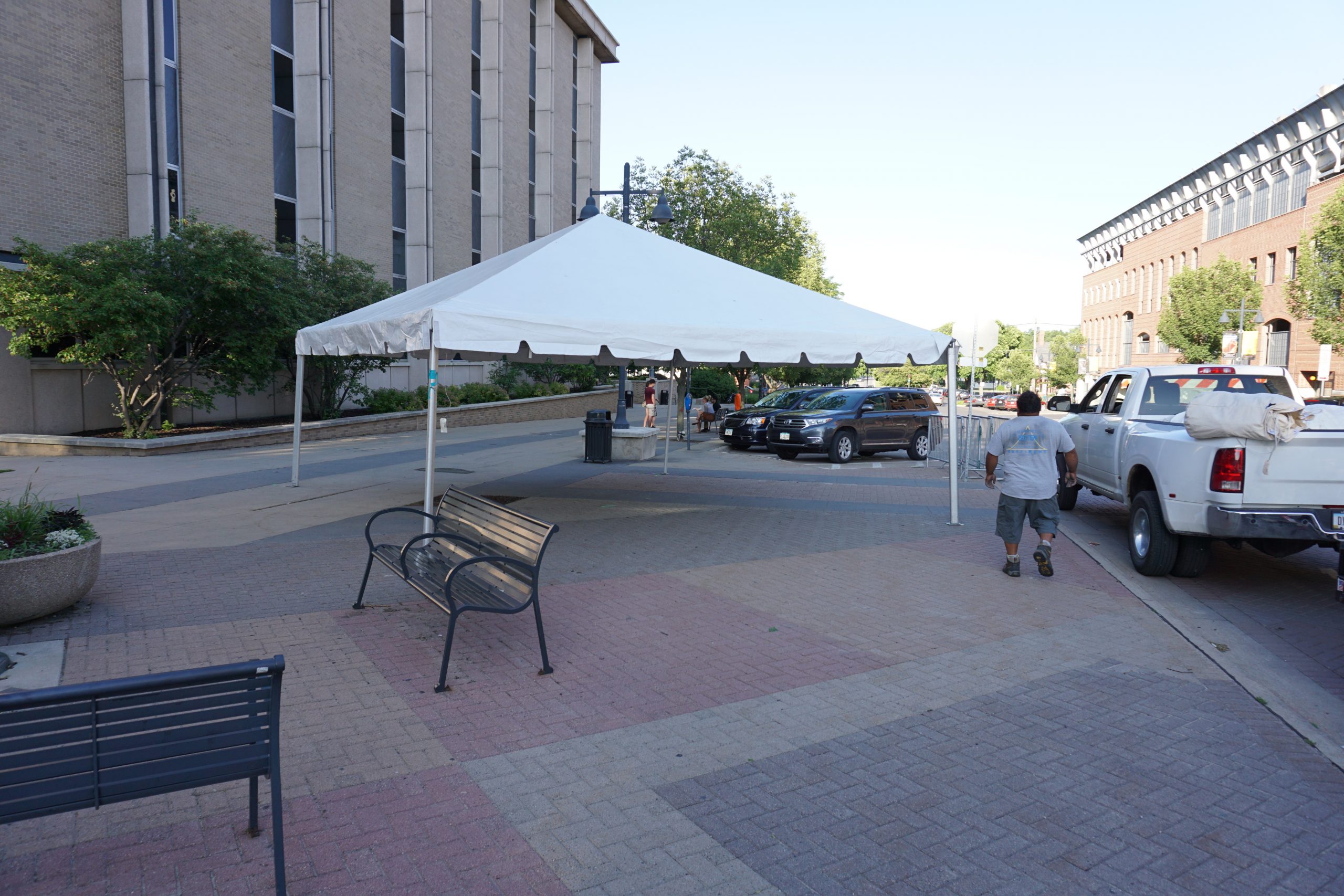 20' x 20' frame tent just setup (no weights yet) at the 2016 Iowa Arts Fest