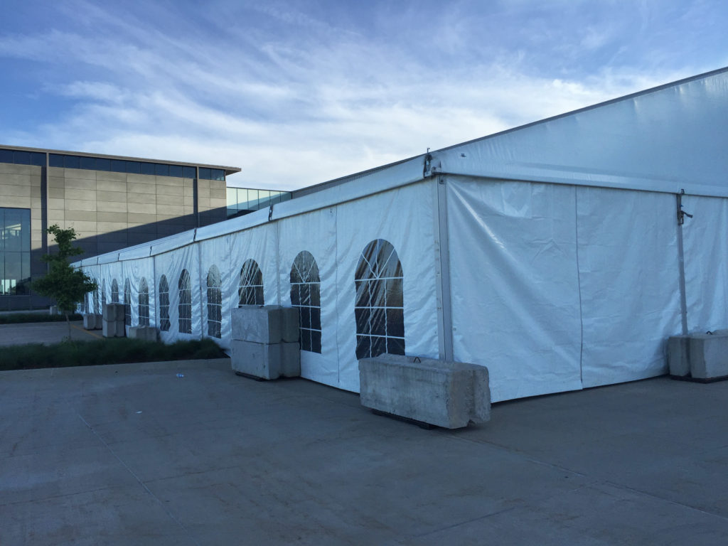 60' x 131' clearspan Losberger tent with French side walls at brownells in Grinnell, Iowa 02