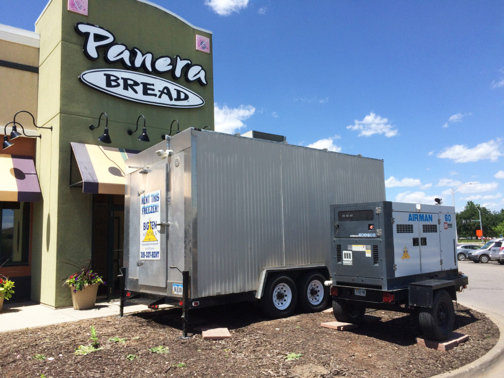 Big Ten Rentals Portable freezer with 60 kw Generator at Panera Bread at Sycamore in Iowa City, IA