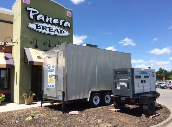 Big Ten Rentals Portable freezer with 60 kw Generator at Panera Bread at Sycamore in Iowa City, IA