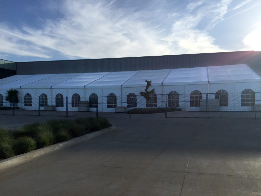 Outside of 60' x 131' Clearspan Losberger tent at Brownells in Grinnell, IA