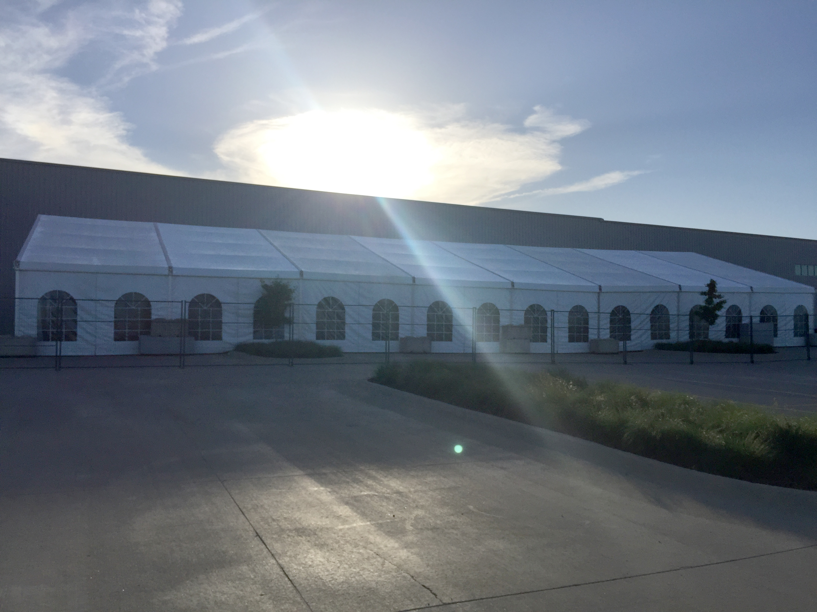 Side of 60' x 131' Clearspan Losberger tent at Brownells in Grinnell