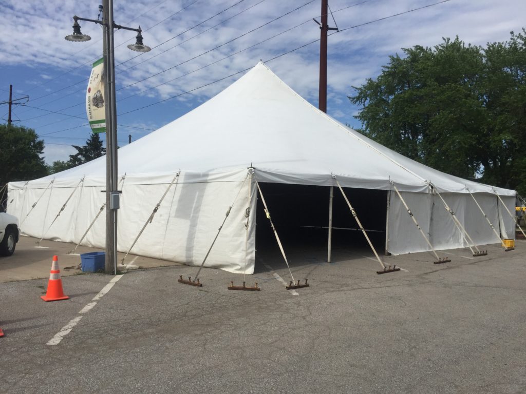 Corner of 60'x60' rope and pole tent in Boone, Iowa