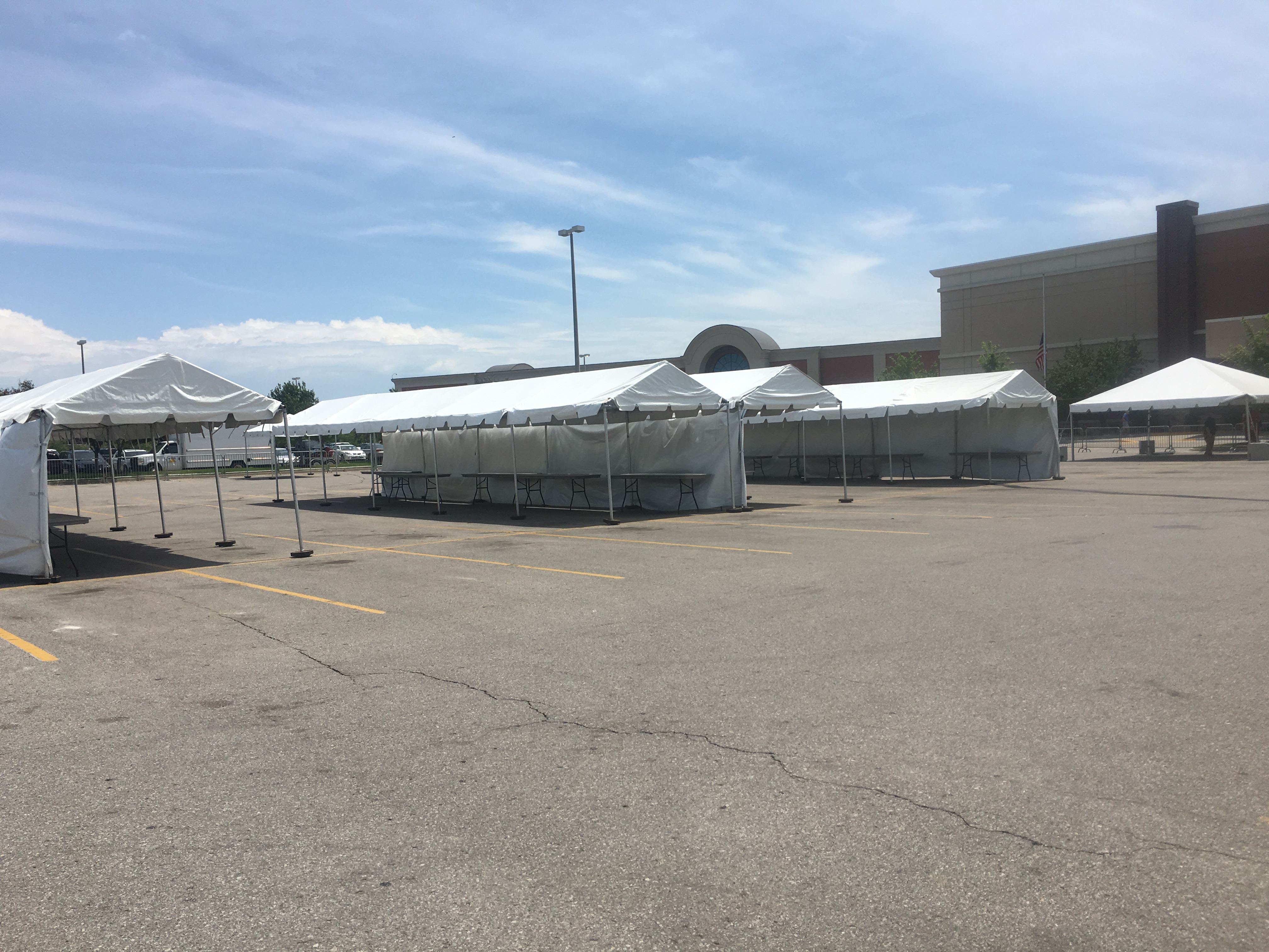 Frame tents setup at Scheels in Des Moines, Iowa