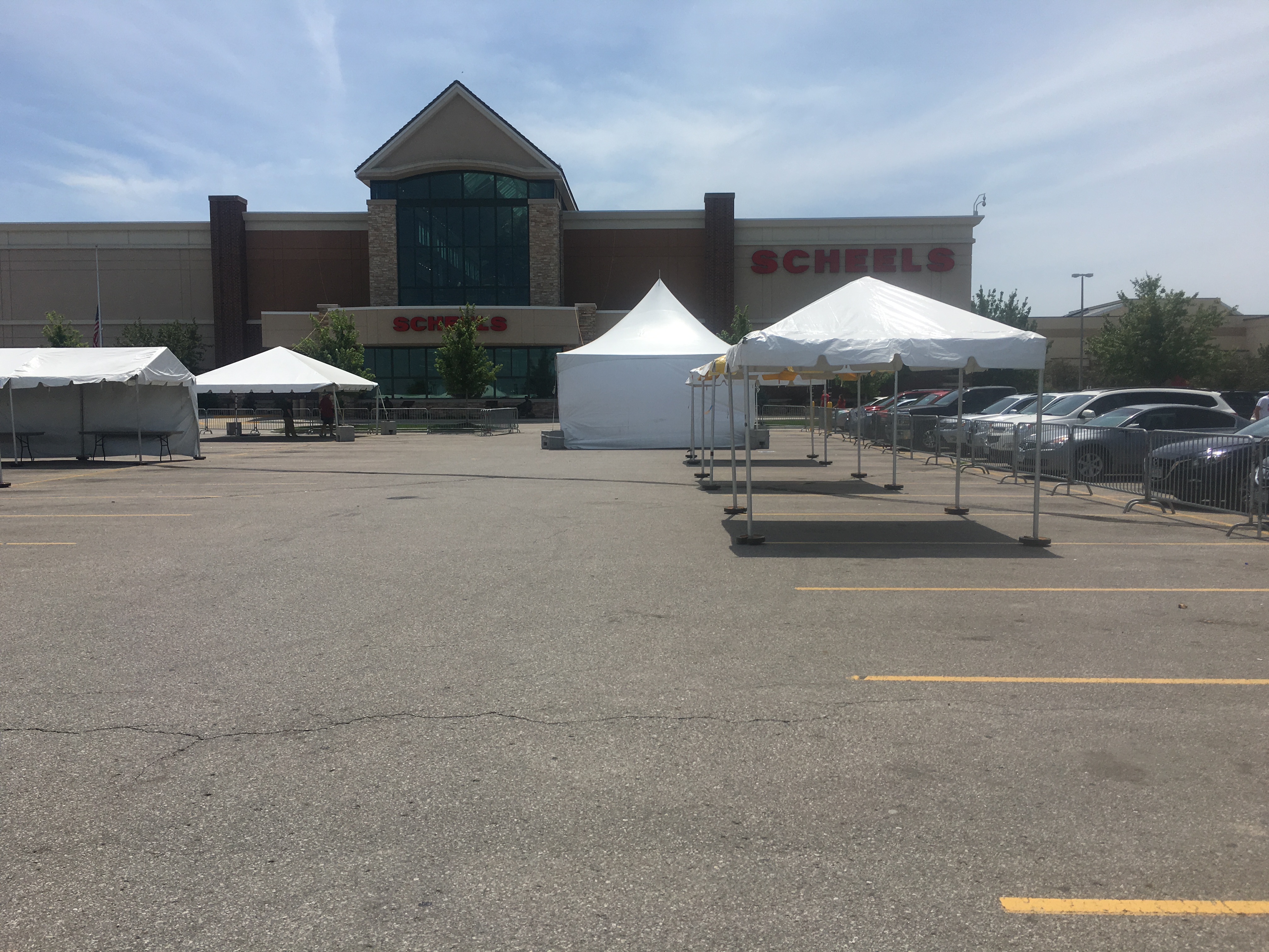 Frame tents setup at Scheels in Des Moines, Iowa