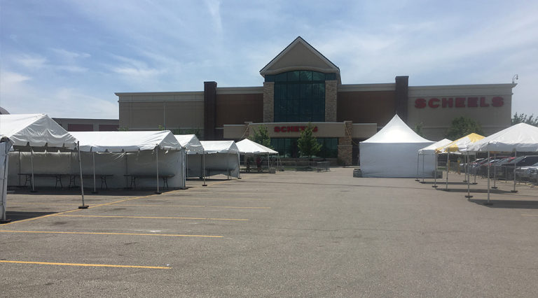 Frame tents setup at Scheels in Des Moines, Iowa for hunting expo tent sale