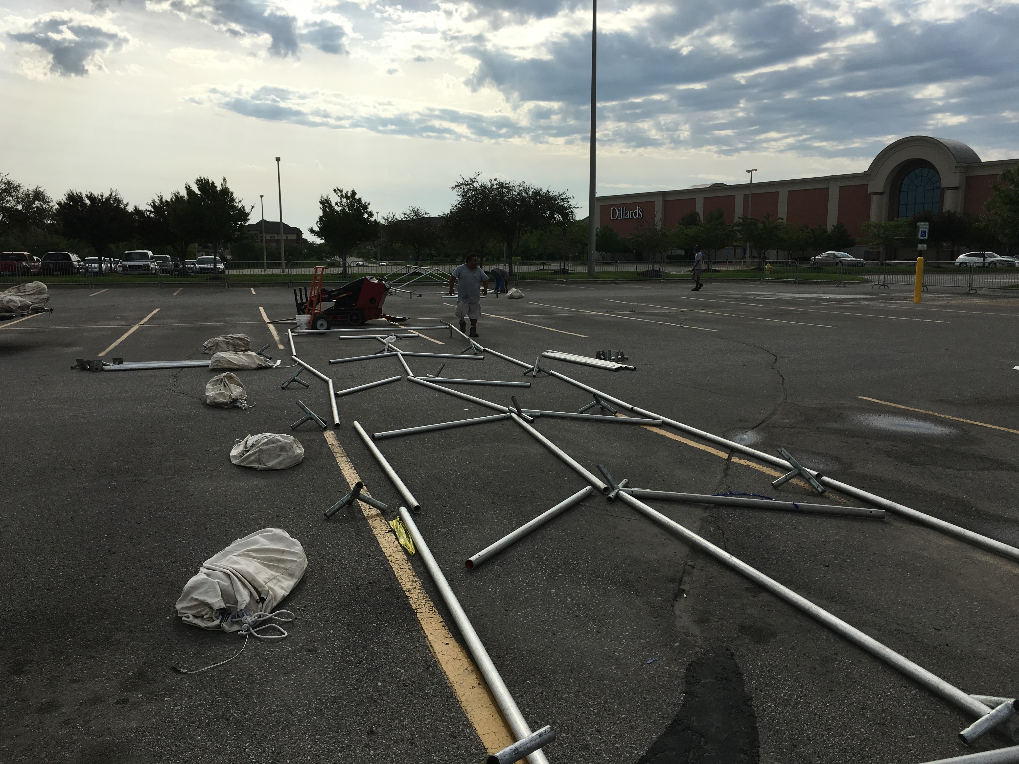 Laying out frame tents at Scheels in Des Moines, Iowa