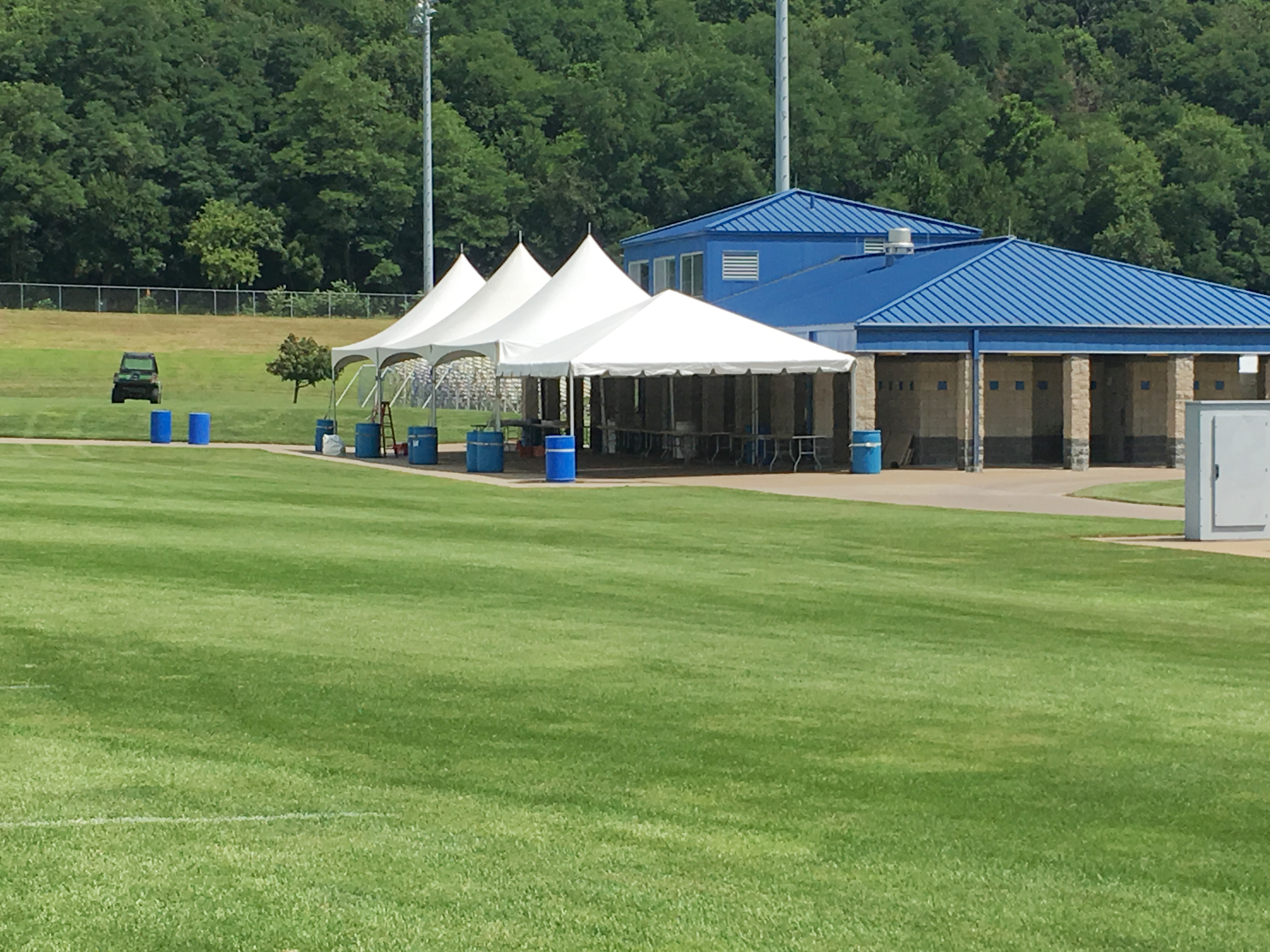 Frame tents setup at the Muscatine Soccer Complex