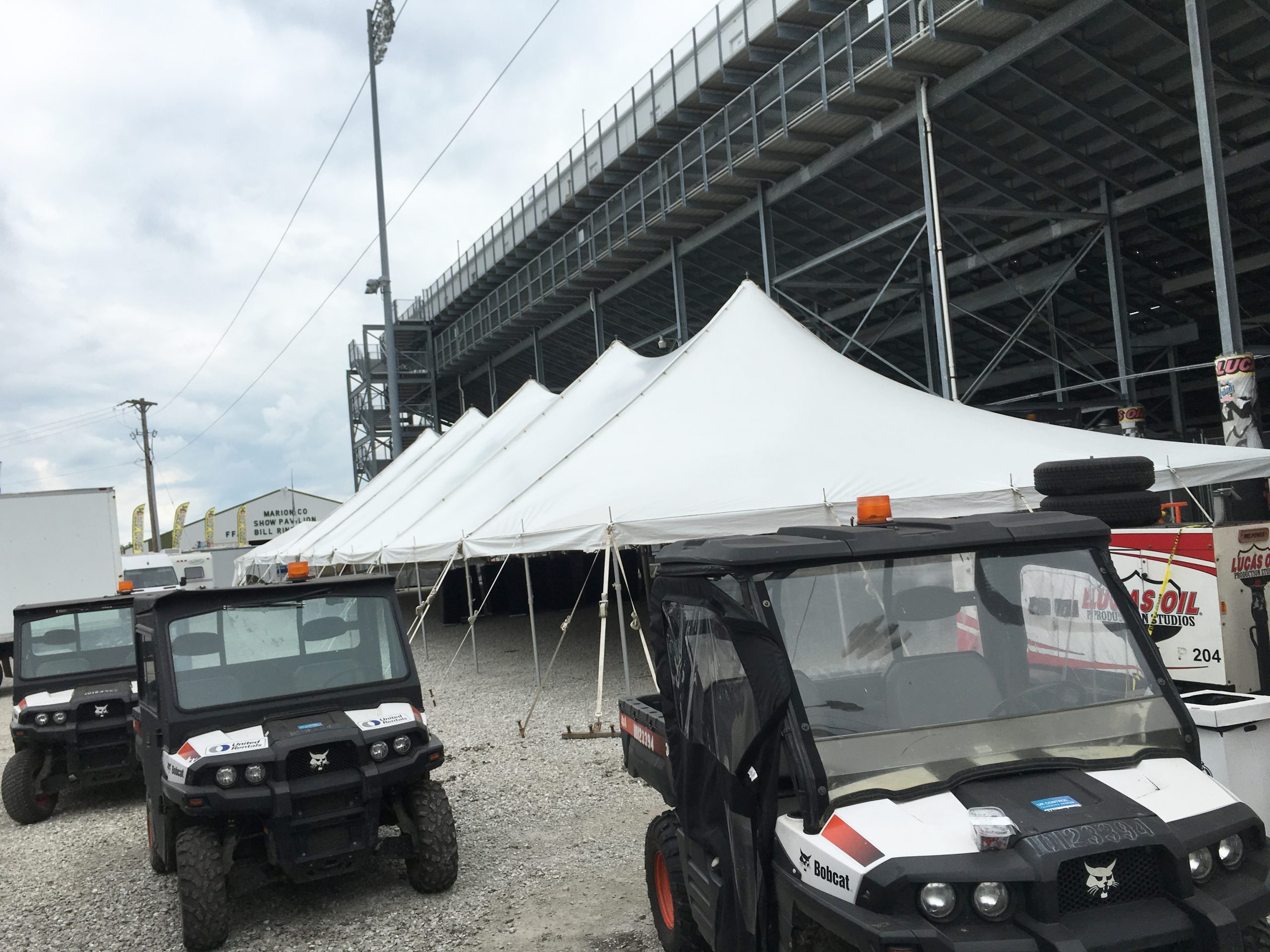 Outside of the 40' x 120' rope and pole tent at Knoxville Raceway (Marion County Fairgrounds) in Iowa
