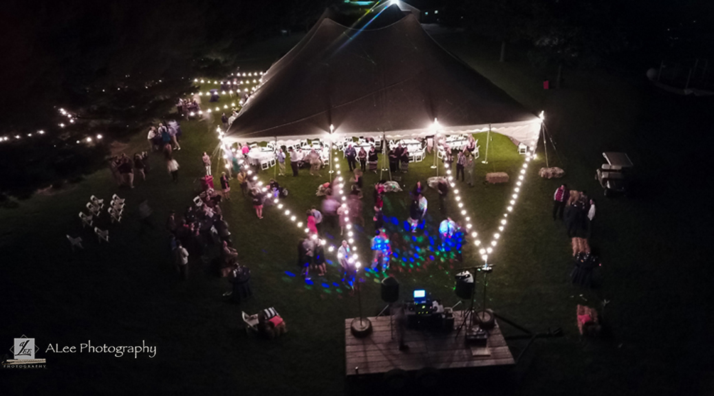 Aerial view of 60' x 90' rope and pole wedding tent (photo by aLee photography).