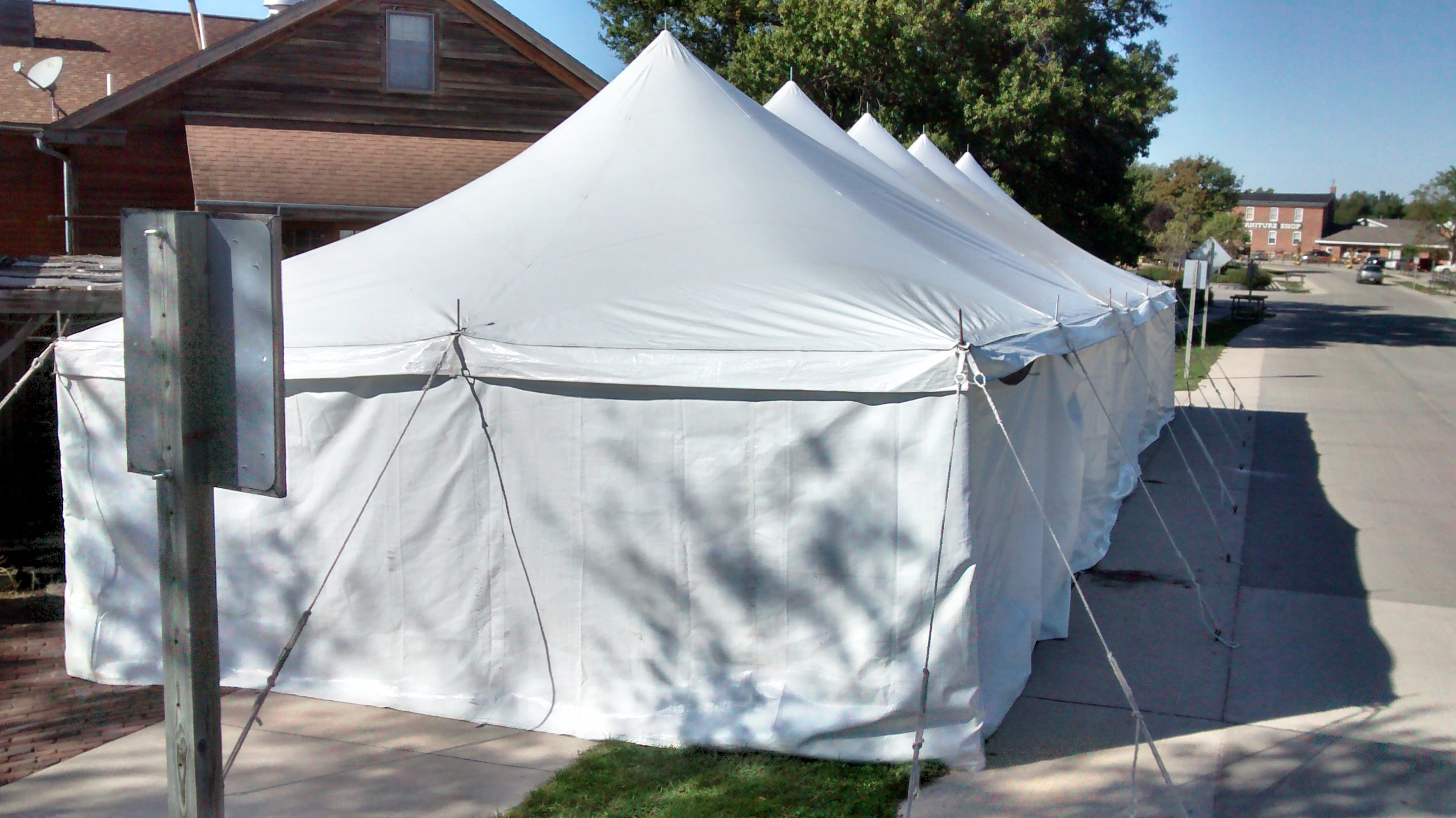 End of 20' x 60' rope and pole tent with sidewall at Millstream Brewing Company in Amana, IA