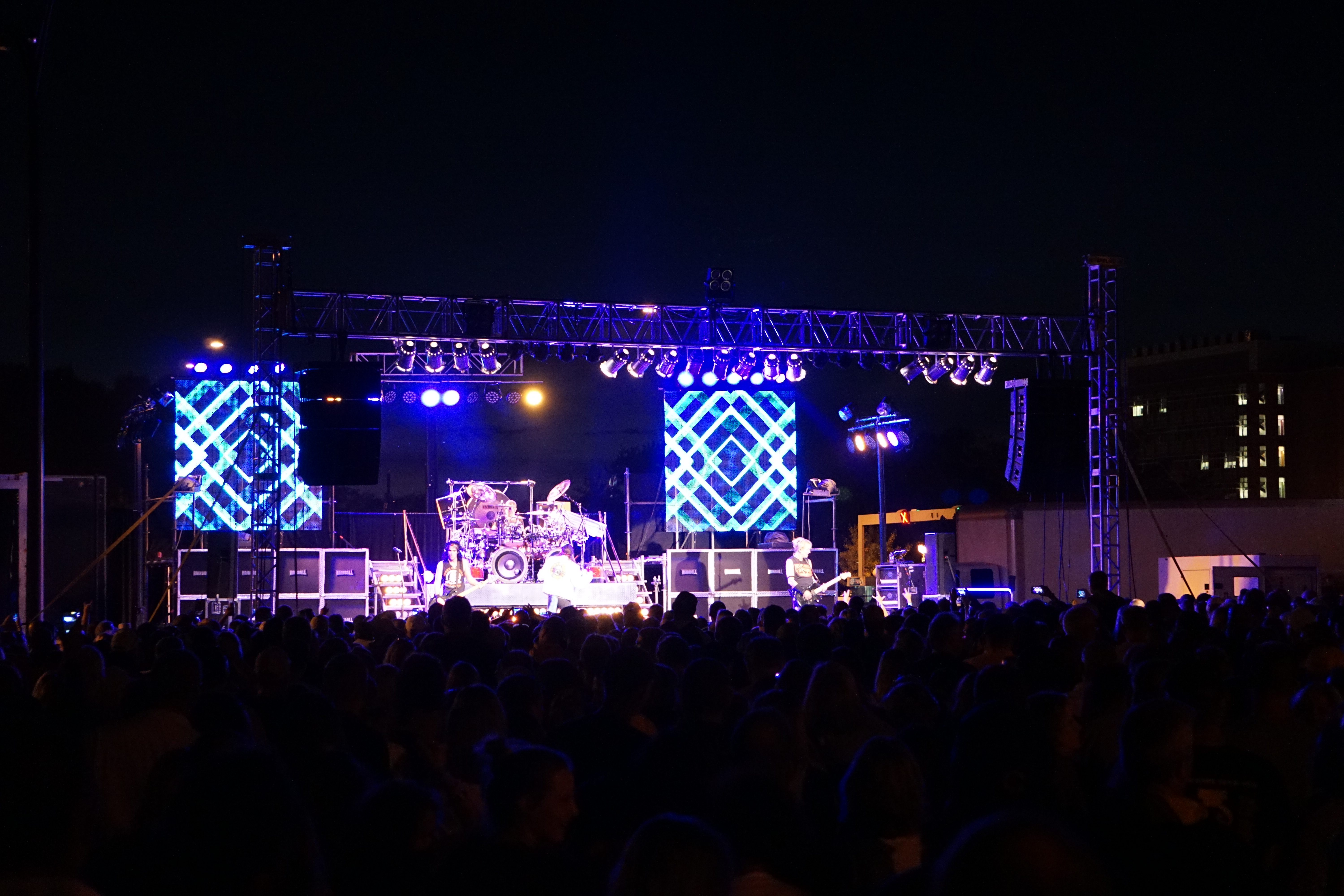 Full stage at FRYfest block party with Hairball band on it playing