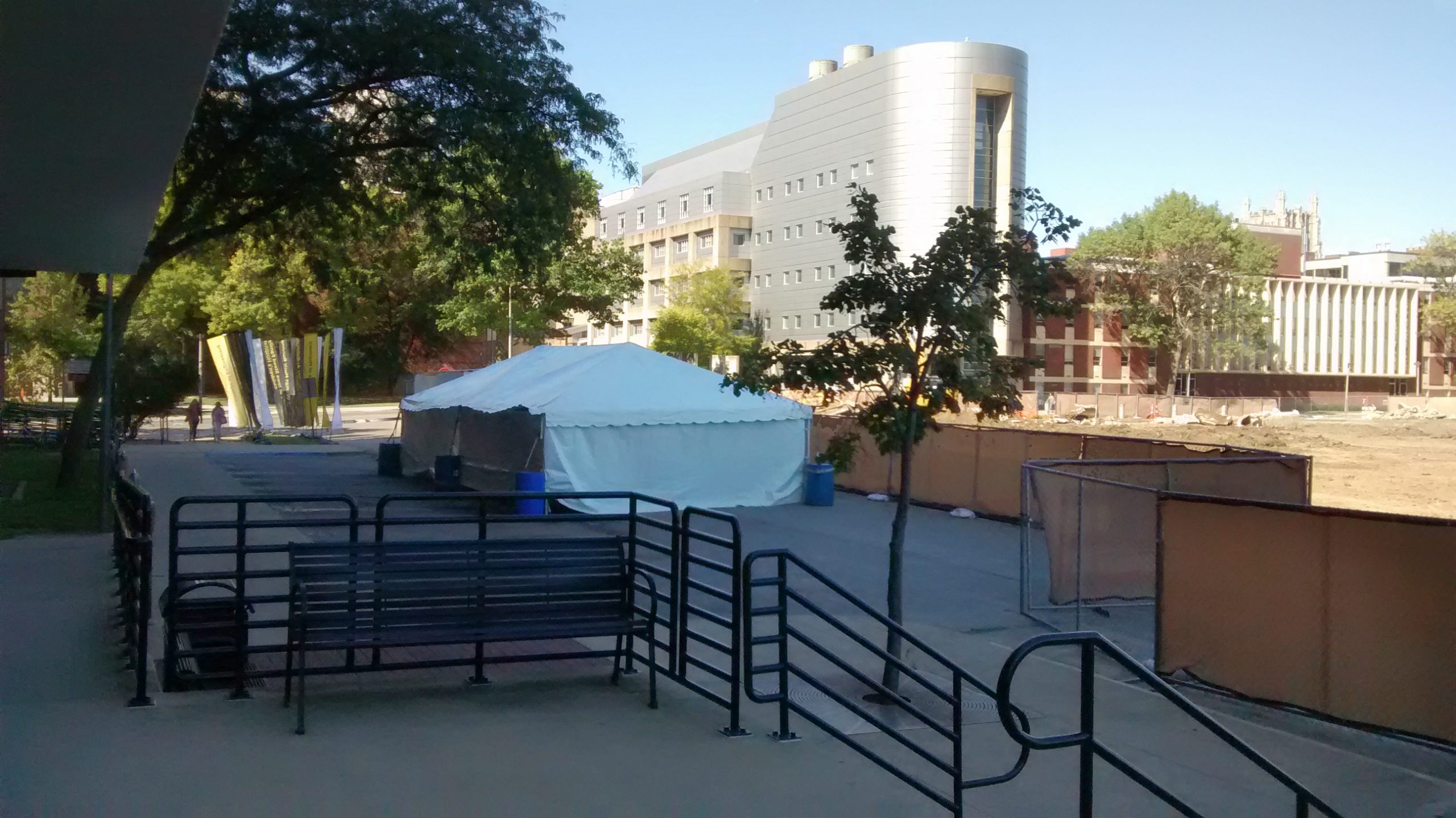 University of Iowa had us set up a 20' x 40' frame tent with water barrels between Rienow Hall and Quadrangle Hall in Iowa City
