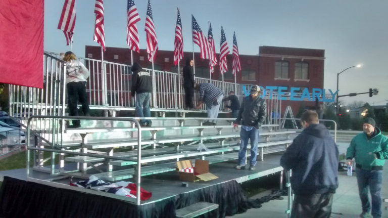 Bleachers on stage for Hillary Clinton political rally at NewBo City Market in Cedar Rapids, Iowa