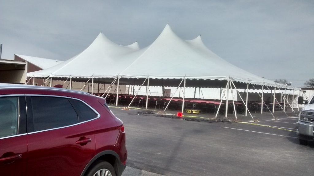 Outside of 60' x 90' rope and pole tent for Morris & Company Entertainment in Davenport, Iowa