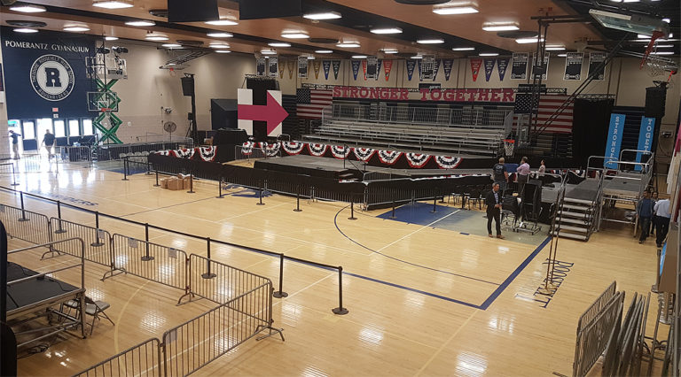 Hillary Clinton political rally set up in Des Moines, IA at Pomerantz Gymnasium