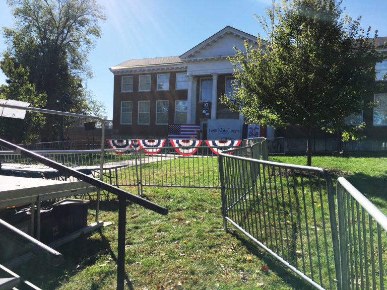Stage and fencing for political rally with President Bill Clinton at Armstrong Hall at Cornell College for BNY Productions