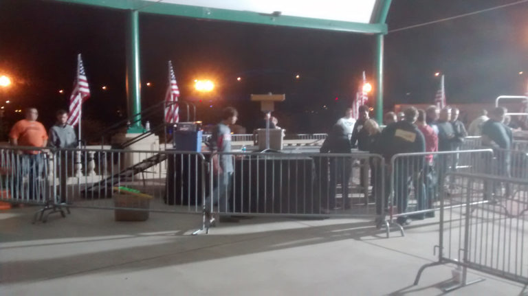 Political stage and barricade setup for political event at Larsen Park Road, Sioux City, Iowa