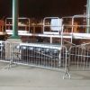 Press risers with barricade setup for political event at Larsen Park Road, Sioux City, Iowa