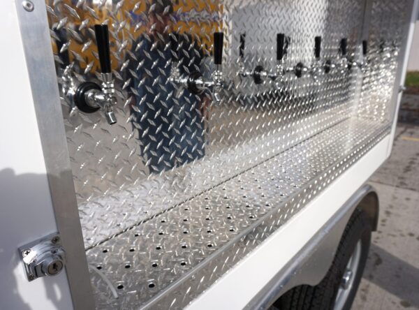 Self-draining spill tray on the new 6 Tap, 30 Keg, refrigerated draft beer trailer for rent