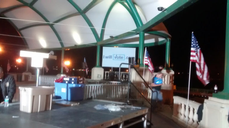 Stage with stairs setup for a political event at Larsen Park Road, Sioux City, Iowa