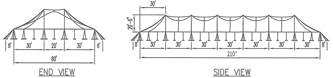 80' x 210' rope and pole tent "twin pole" drawing