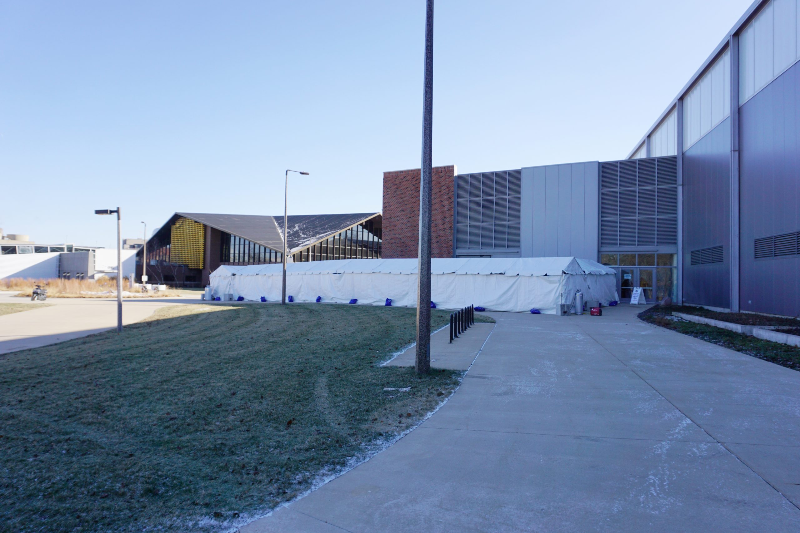 North-West end of the 10' x 340' heated frame tent from the Indoor Practice Facility to Recreation Bldg at The University of Iowa Athletic Department