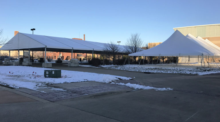60' x 131' (18m x 40m) Losberger tent and 40' x 100' rope and pole tent setup in Dubuque, Iowa
