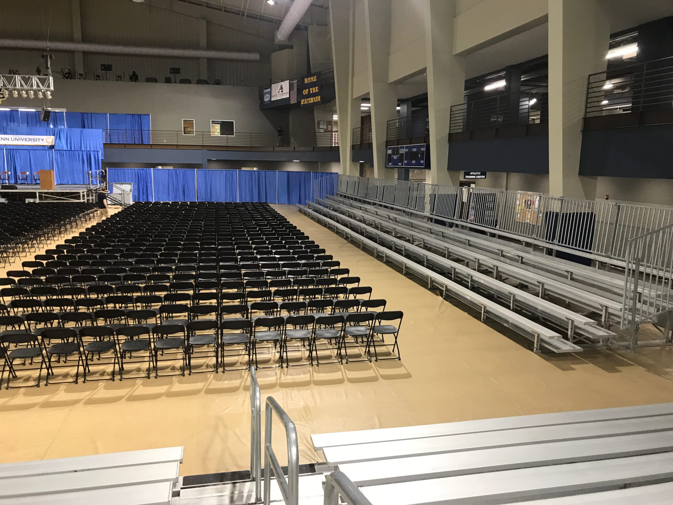 Stage, Chairs, Bleachers and more setup for 2017 Graduation at William Penn University in Oskaloosa, Iowa