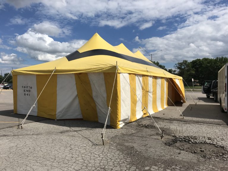 20' x 40' rope and pole fireworks tent for Ka-Boomers Fireworks at Maple Lanes Bowling Center in Waterloo, Iowa