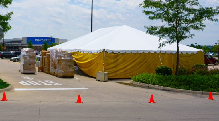 30' x 45' frame tent for fireworks stand at Walmart Supercenter in Iowa City, IA for TNT Fireworks
