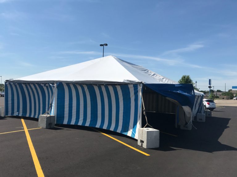 30' x 60' frame Fireworks tent at the Walmart Supercenter in Cedar Rapids, Iowa with blue and white side walls