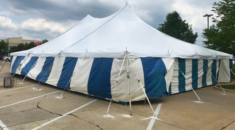40' x 60' rope and pole tent with Blue and White Sidewall at Hy-Vee in Cedar Rapids