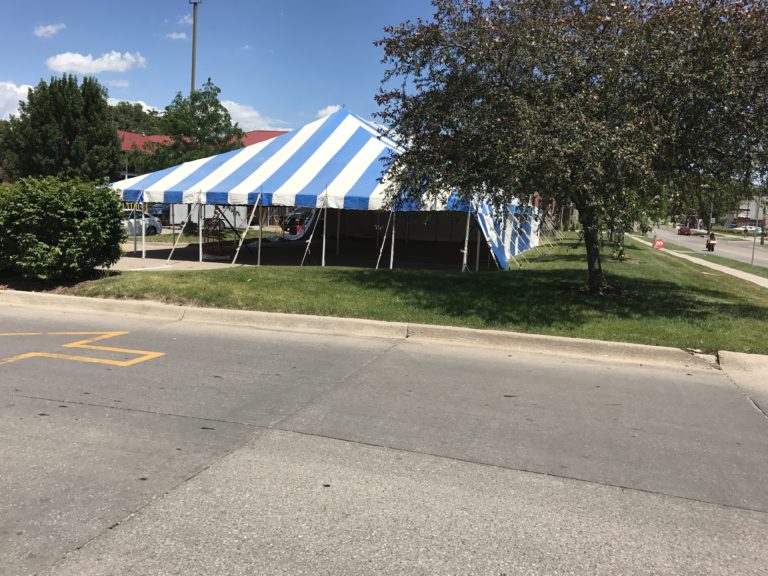 40' x 70' blue and white rope and pole tent at Hy-Vee S. 1st Ave in Iowa City