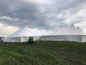 80' x 150' Twin Pole rope and pole on the far left with 10' x 10' frame tent in the middle with a 60' x 90' Twin Pole rope and pole tent on the right