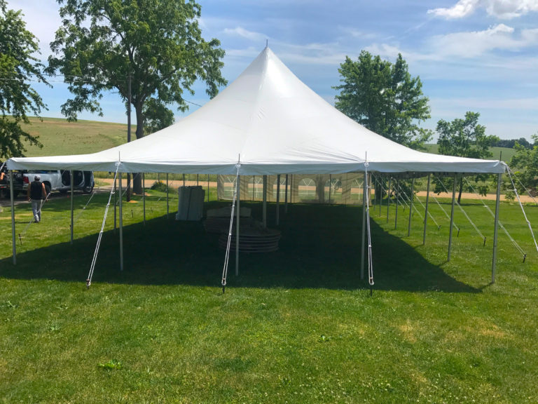 Looking at the end of our 30' x 60' rope and pole wedding tent in De Witt, Iowa