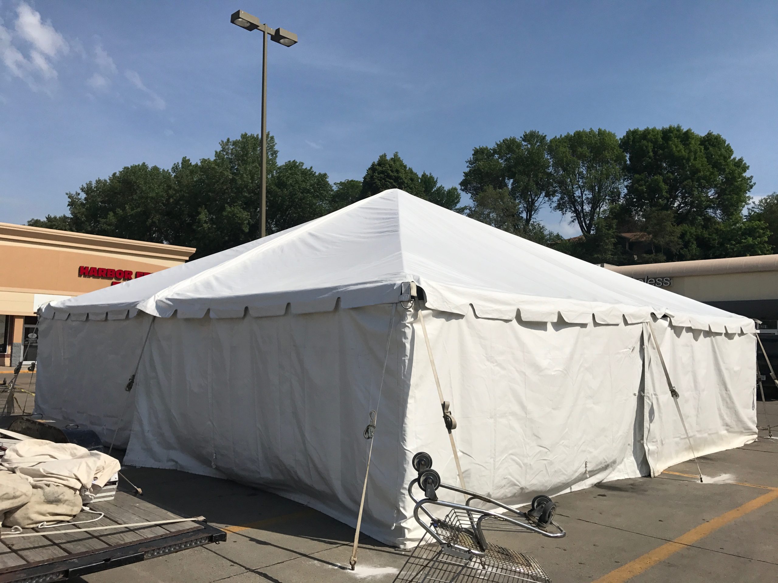 Outside of 30' x 30' frame tent at Harbor Fraight Tools in Sioux City, Iowa