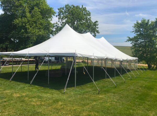 Outside of the 30' x 60' rope and pole wedding tent in De Witt, Iowa