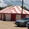 Red and White 30' x 60' Gala rope and pole fireworks tent at Fareway Grocery in Davenport, Iowa