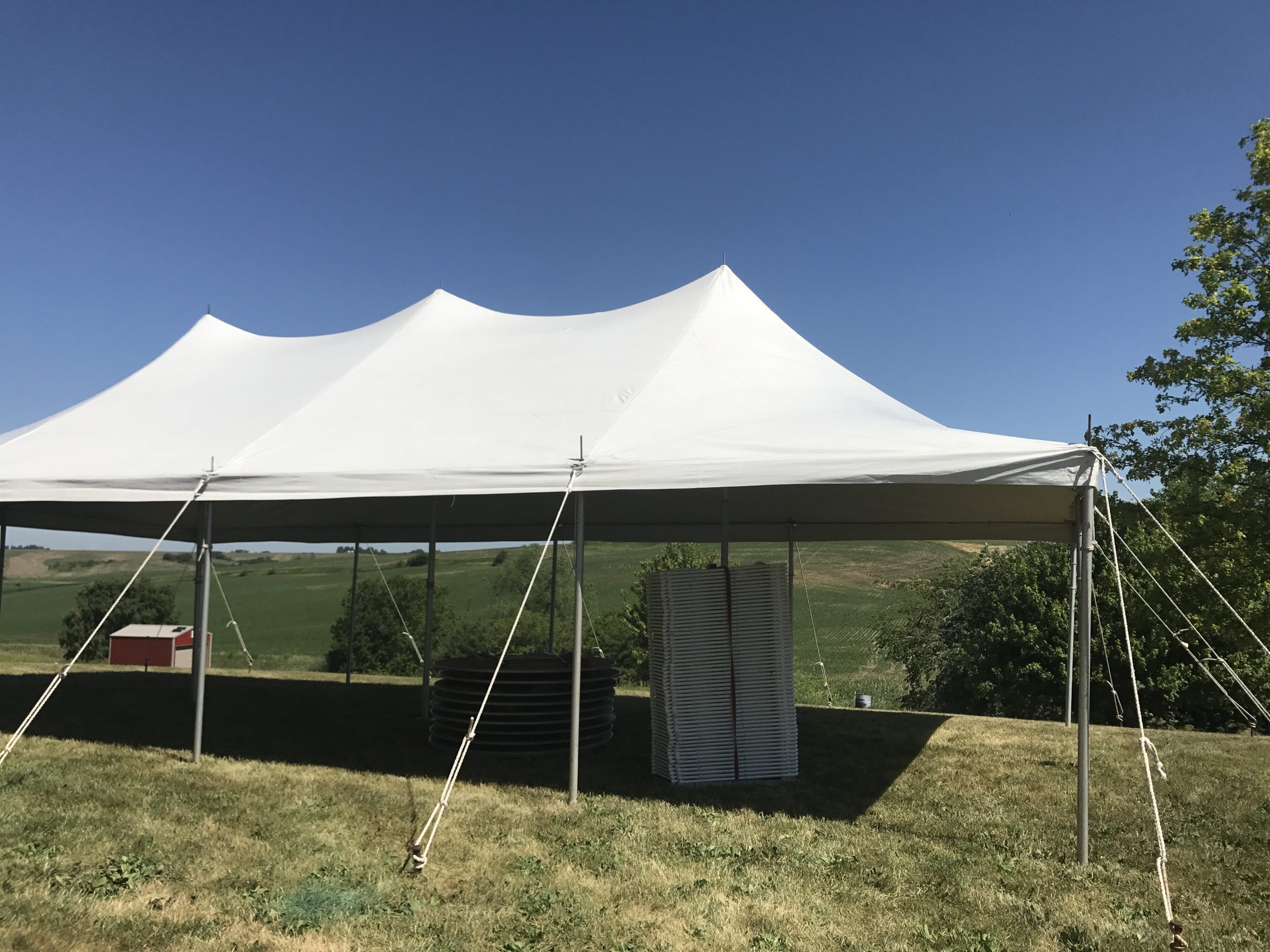 Side of 20' x 40' rope and pole tent for a Home Outdoor Wedding Reception Tent in Grinnell, Iowa