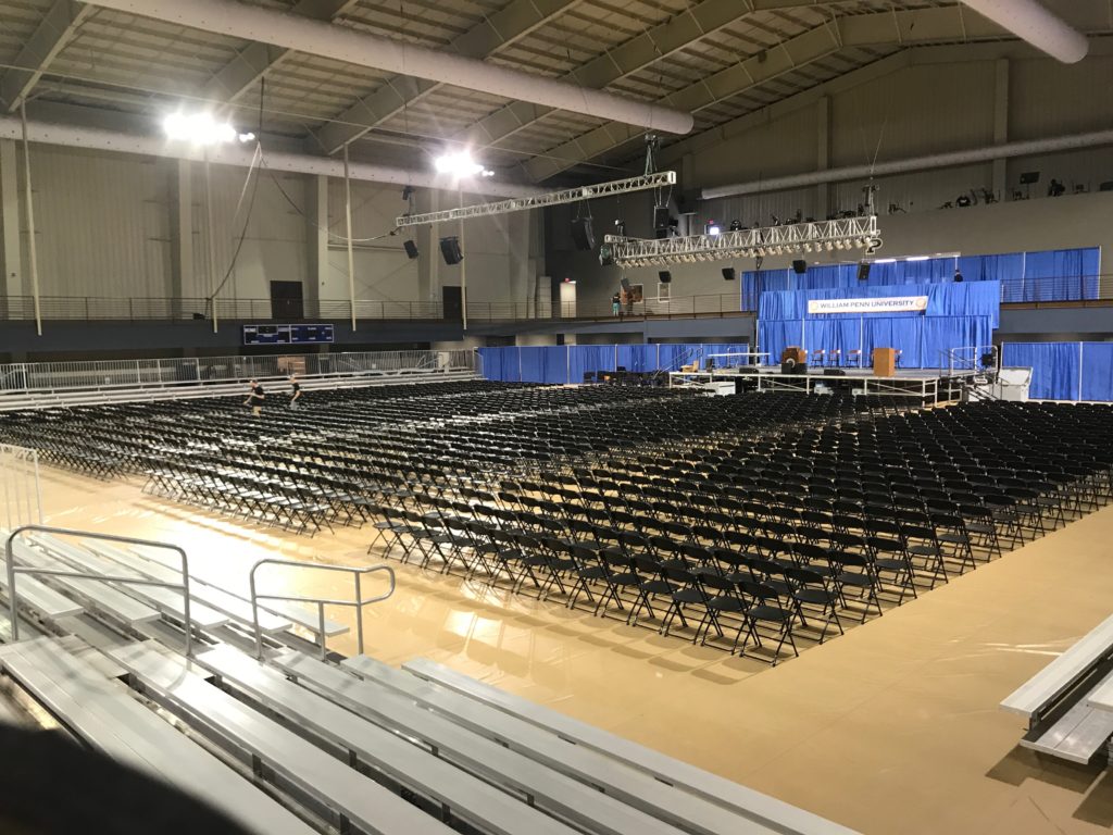 Stage, Chairs, Bleachers and more setup for 2017 Graduation at William Penn University
