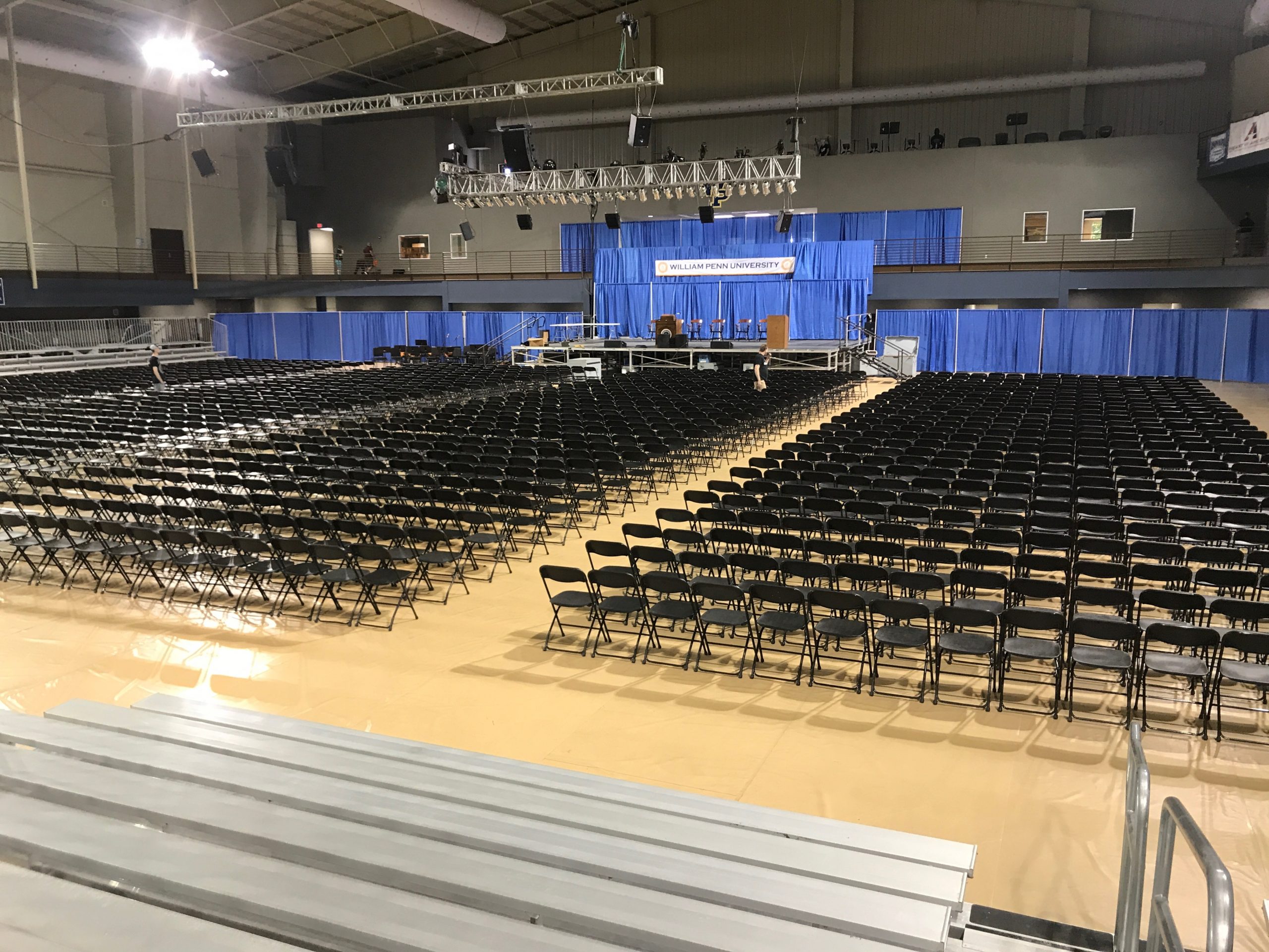 Stage, Chairs, Bleachers and more setup for 2017 Graduation at William Penn University in Oskaloosa, IA