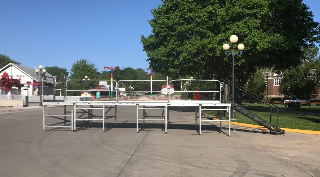 Stage setup at Iowa State Fair on East Grand Ave and Rock Island Ave in Des Moines, IA