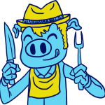 Drawing of a smiling blue pig with yellow hat and bib holding a fork and knife ready to eat at Blues & BBQ event.