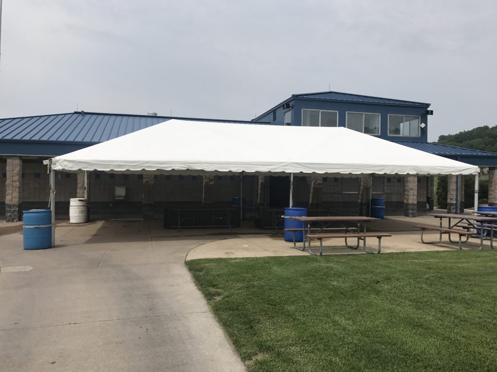 Side of the 20' x 40' Frame tent at the Muscatine Soccer Field in Iowa