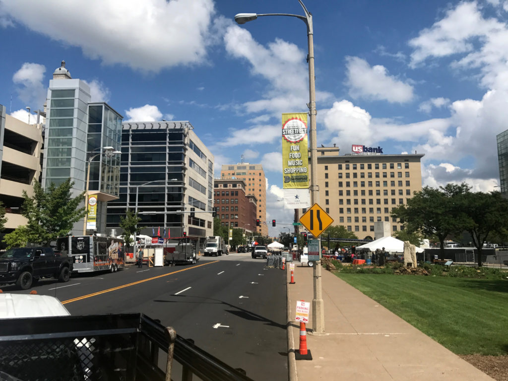 Streets and setup of Downtown Street Fest in Davenport, Iowa