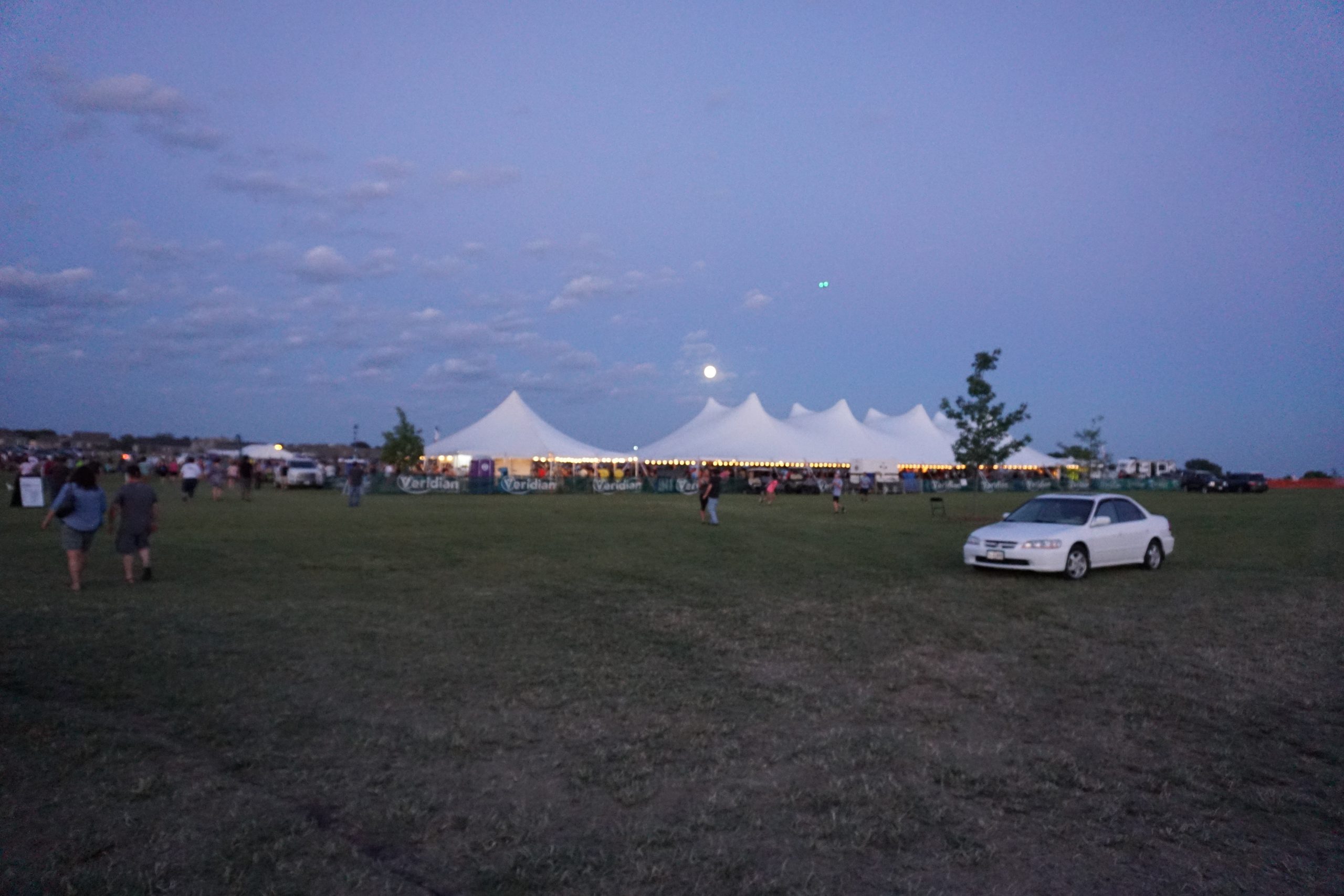 Tents at night at Blues and BBQ in North Libery, Iowa