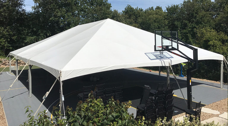 40′ x 60′ hybrid event tent set up on a Basketball court in Coralville, Iowa Residence